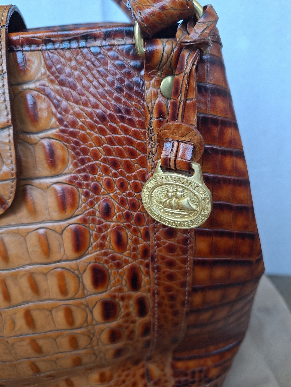 Brahmin Julian Tote Pecan Melbourne Croc Embossed Leather Bucket Bag + Organizer - Picture 3 of 16